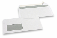 Enveloppes blanches standards, 110 x 220 mm, papier 80 gr, fenêtre à gauche 45 x 90 mm, position de la fenêtre à 20 mm du gauche et à 15 mm du bas, fermeture avec bande adhésive  | Paysdesenveloppes.be